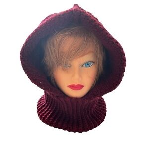Hand Crafted Burgundy Red Hooded Cowl Balaclava neck scarf
